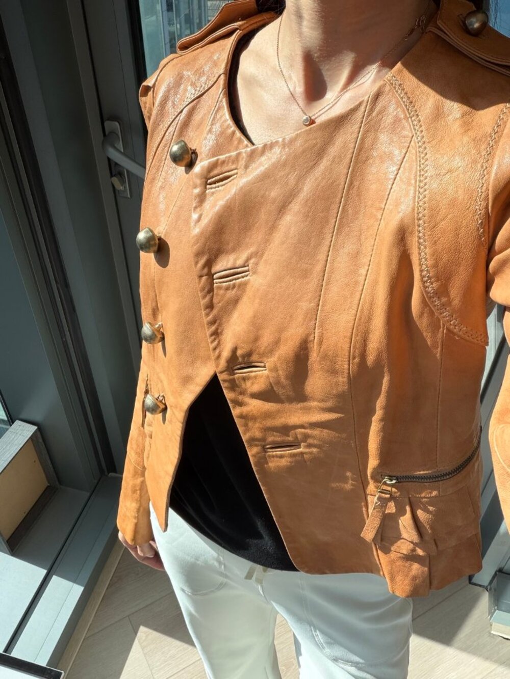 Tan Leather Jacket with Gold Buttons